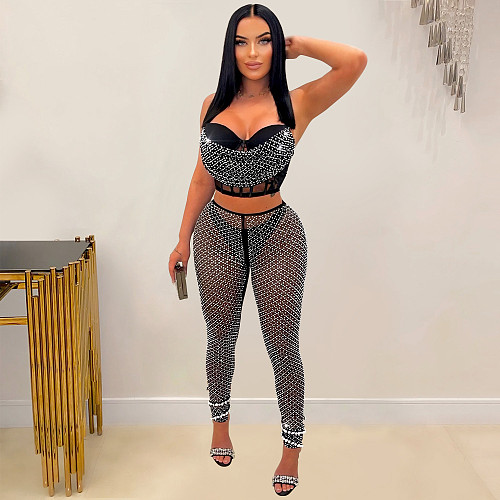 Black Mesh Hot Drill Straps Length Pants Sets Two Pieces BY-6540