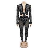 Trendy Mesh Hot Drill Long Sleeves Length Pants Set 2 Pieces BY-6549
