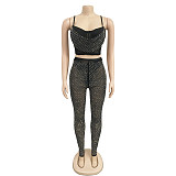 Black Mesh Hot Drill Straps Length Pants Sets Two Pieces BY-6540