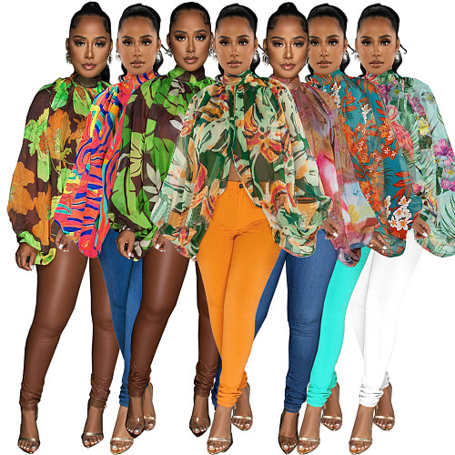 Trendy Print Batwing Sleeves Chiffon Tops ASL-6690