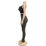 Black Mesh Hot Drill Straps Length Pants Sets Two Pieces BY-6540