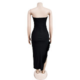 Sexy Strapless Solid Color Feather Slim Maxi Dresses BY-6535