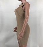 Solid Color Lapel V Neck Sleeveless Bodycon Dress XMY-9435