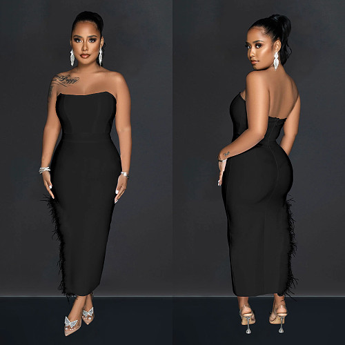 Sexy Strapless Solid Color Feather Slim Maxi Dresses BY-6535