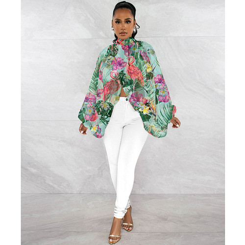 Trendy Print Batwing Sleeves Chiffon Tops ASL-6690