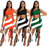 Skew Collar Sleeveless Irregular Ruffle 2 Piece Skirt Sets MDF-5373