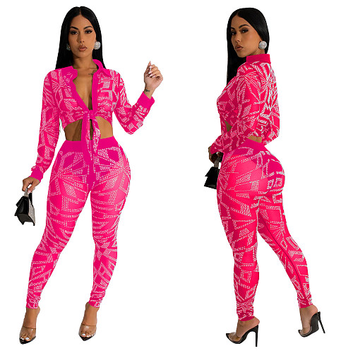 Trendy Mesh Hot Drill Long Sleeves Length Pants Set 2 Pieces BY-6549