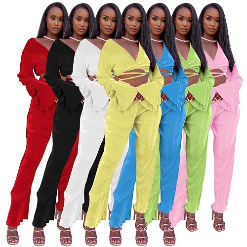 Long Sleeve Pleated Lace Up Crop Top Wide Leg Pants Suit NIK-318