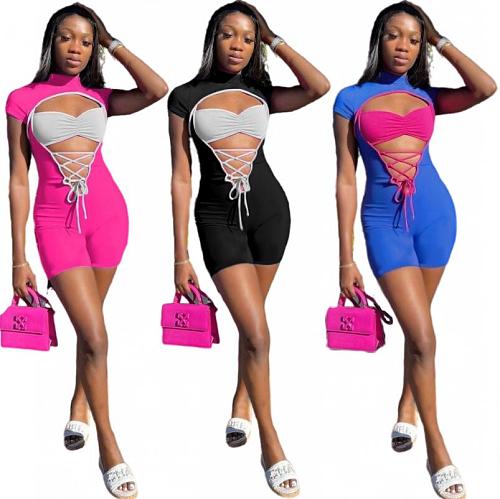 Color Patchwork Cut Out Bandage Bodycon Rompers QZX-6281