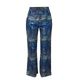 Trendy Denim Print Women Zipper Straight Length Pants LSD-83235