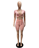 Solid Color Deep-V Bandage Crop Top with Shorts Whorl Two Piece Sets XT-8203