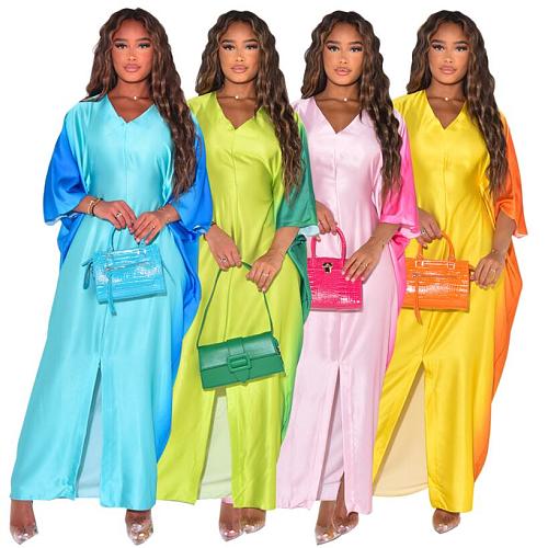 Gradient Color V-neck Batwing Sleeves Loose Split Maxi Dress ANDI-1540