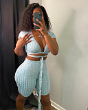 Solid Color Deep-V Bandage Crop Top with Shorts Whorl Two Piece Sets XT-8203