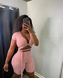 Solid Color Deep-V Bandage Crop Top with Shorts Whorl Two Piece Sets XT-8203