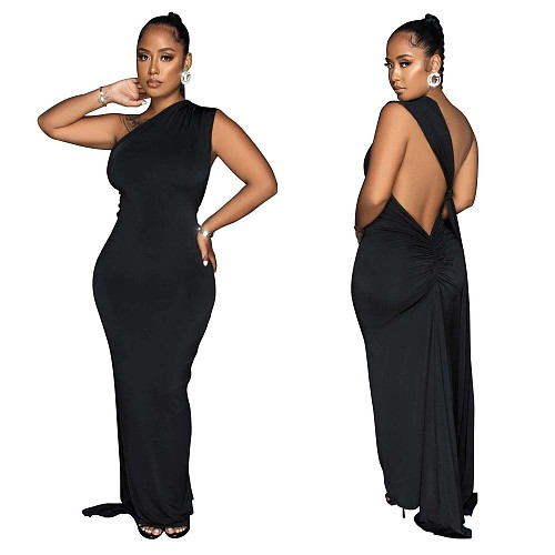 Women Solid Color One-shoulder Irregular Folds Maxi Dress BY-6607