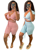 Solid Color Deep-V Bandage Crop Top with Shorts Whorl Two Piece Sets XT-8203