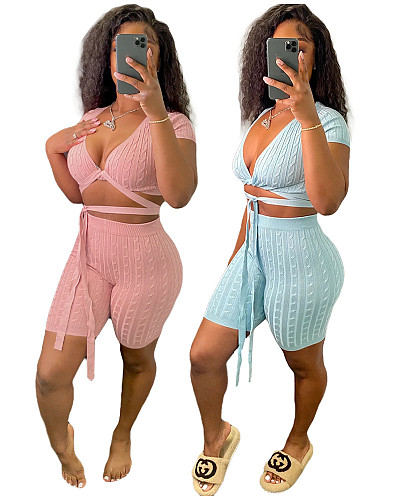 Solid Color Deep-V Bandage Crop Top with Shorts Whorl Two Piece Sets XT-8203