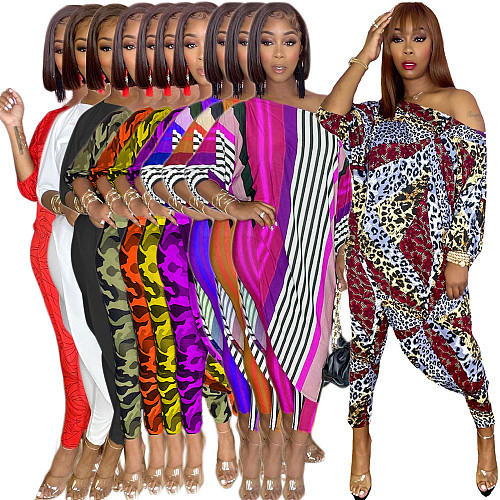 Fashion Printed Oblique Shoulder Large Size 4XL Pants Sets Two Pieces XT-8899