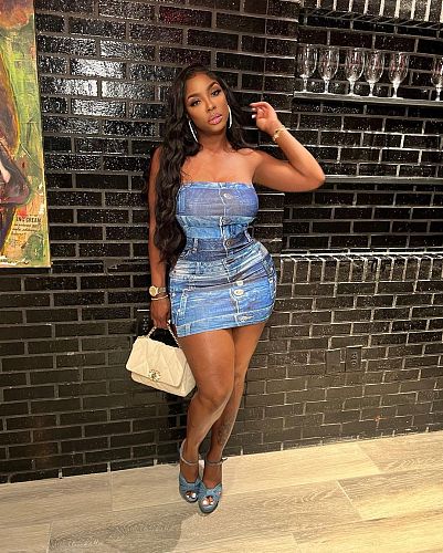 Sexy Strapless Denim Print Package Hips Mini Dress SHANM-6173
