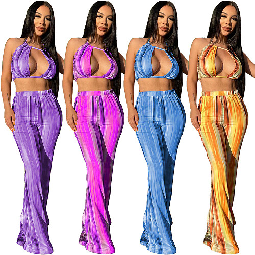 Tie Dye Halter Crop Top and Flared Pants Matching Suit ZAND-31209