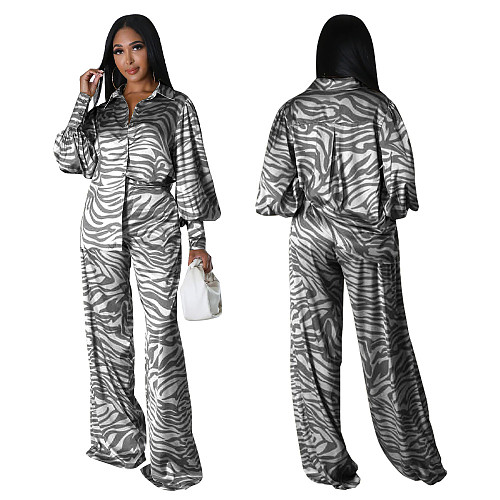 Trendy Ladies Silk Print Long Sleeves Wide-leg Pants Sets Two Pieces YF-10568