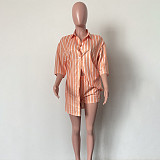 Fashion Stripes Pockets Orange Two Pieces Shorts Sets HMS-5578