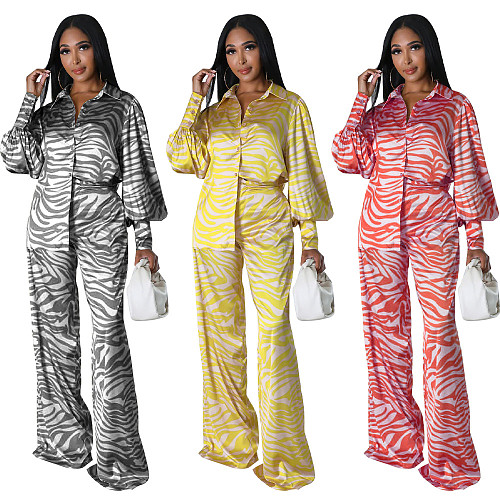 Trendy Ladies Silk Print Long Sleeves Wide-leg Pants Sets Two Pieces YF-10568
