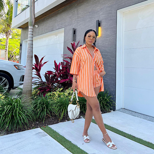Fashion Stripes Pockets Orange Two Pieces Shorts Sets HMS-5578