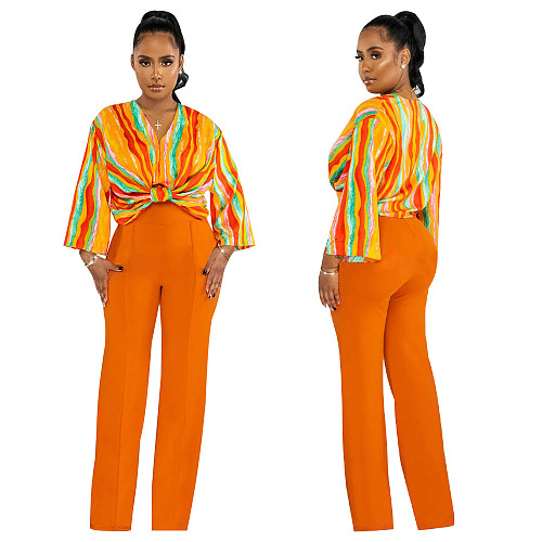 Trendy Prnt V-neck Tops with Straight Pants 2 Pieces Set YF-10536