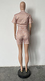 Fashion Plaid Print Cardigan Top and Pockets Shorts 2 Pieces Set HMS-5576