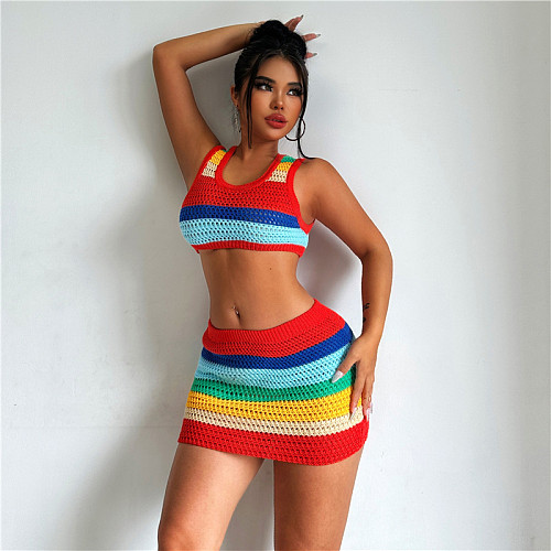 Colorful Knitted Crop Vest with High Waist Mini Skirts 2 Pieces Set SXE-31549