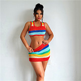 Colorful Knitted Crop Vest with High Waist Mini Skirts 2 Pieces Set SXE-31549