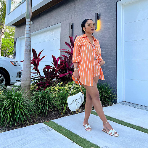 Fashion Stripes Pockets Orange Two Pieces Shorts Sets HMS-5578