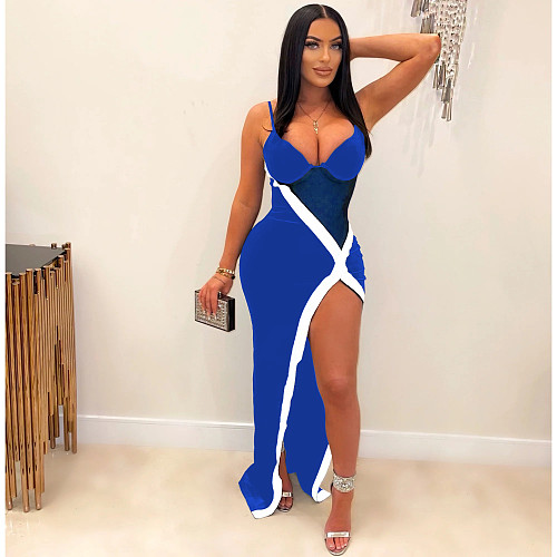 Sexy Mesh Patchwork Straps Irregular Split Maxi Dresses Party ML-7506