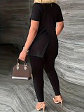 Solid Color High Neck Split Tops And Bodycon Pants 2 Pieces Suits SH-390522