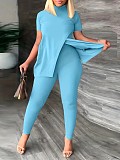 Solid Color High Neck Split Tops And Bodycon Pants 2 Pieces Suits SH-390522