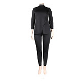 Solid Color High Neck Split Tops And Bodycon Pants 2 Pieces Suits SH-390522