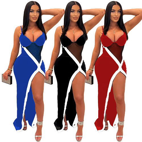 Sexy Mesh Patchwork Straps Irregular Split Maxi Dresses Party ML-7506
