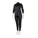 Solid Color High Neck Split Tops And Bodycon Pants 2 Pieces Suits SH-390522