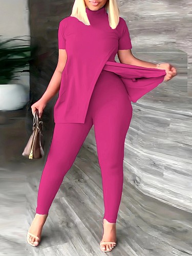 Solid Color High Neck Split Tops And Bodycon Pants 2 Pieces Suits SH-390522
