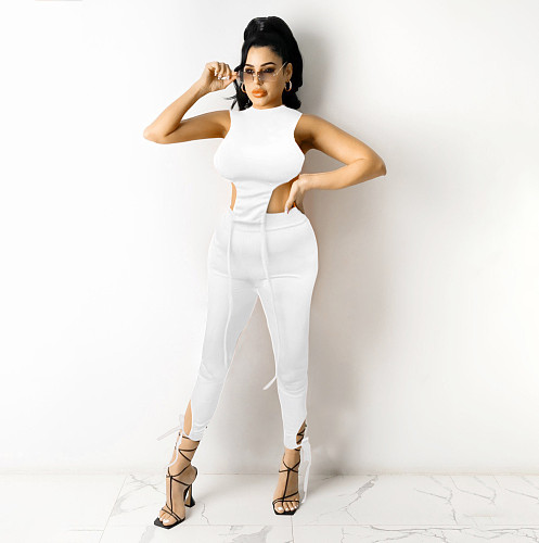 Solid Color Round Collar Tops and Bandage Pants Casual Two Pieces Sets QZX-6284