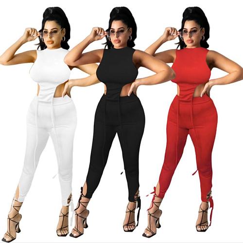 Solid Color Round Collar Tops and Bandage Pants Casual Two Pieces Sets QZX-6284