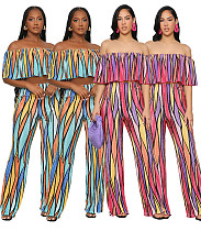 Summer Print Slash Neck Crop Tops Wide Leg Pants Suit WSM-5344