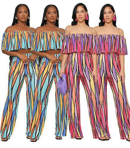 Summer Print Slash Neck Crop Tops Wide Leg Pants Suit WSM-5344