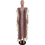 Trendy Stripes Knitted Flounced Splits Long Dresses TR-1273