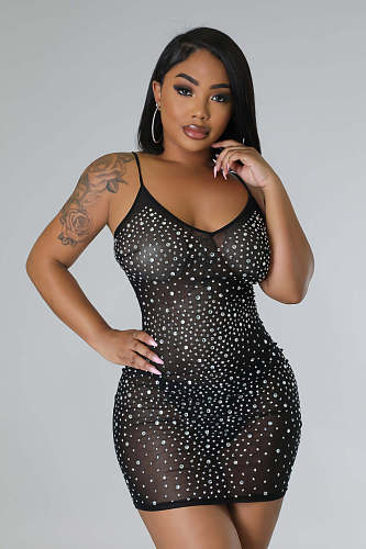 Sexy Mesh Hot Drilling Transparent Straps Mini Dresses RS-9358