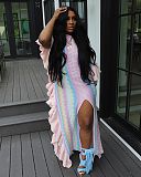 Trendy Stripes Knitted Flounced Splits Long Dresses TR-1273