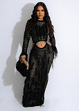 Solid Color Knitted Hollow Out Tassel Beach Long Dress TR-1275