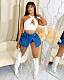 Women Blue Denim Slim Apron Stretch Shorts MEM-88504