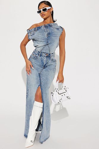 Retro Denim Split Long Skirts 2 Pieces Sets MEM-88506